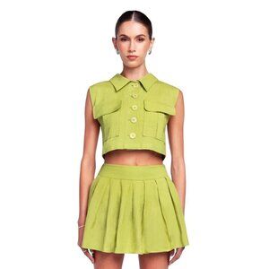 OW Collection Mira Boxy Vest & Pleats Skirt Set Moss Womens Size Small